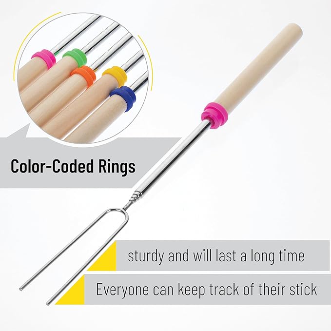 UNCO- Marshmallow Roasting Sticks with Bag, 32”, 10 Pack, Extendable Stainless Steel Smores Sticks for Fire Pit, Smores Skewers, Campfire Cooking Equipment