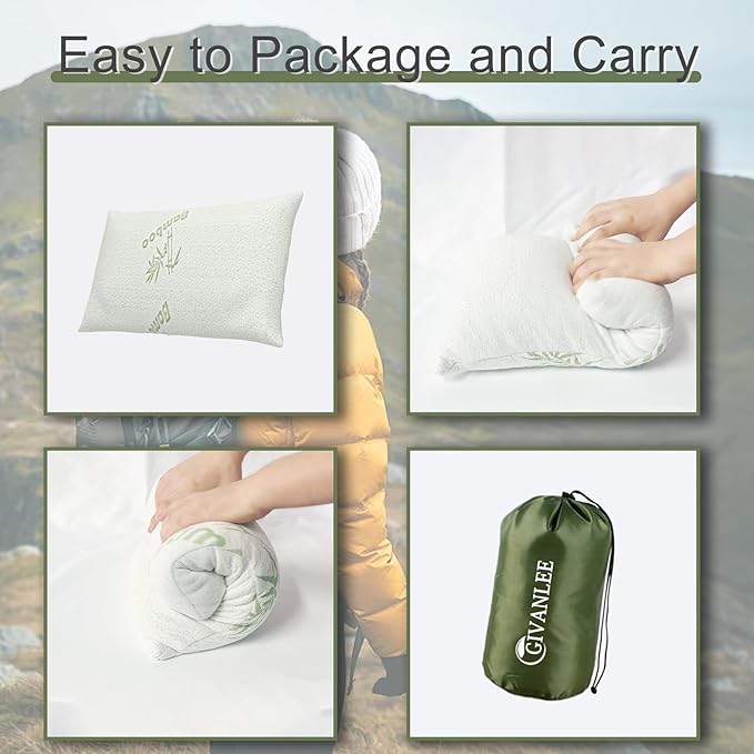 Camping Pillow for Sleeping 2 Pack,Compact Travel Pillow Filled in Shredded Memory Foam,Portable with Storage Bag,Soft Cover,Small Pillow for Camp Backpacking Hiking Gear&Accessories