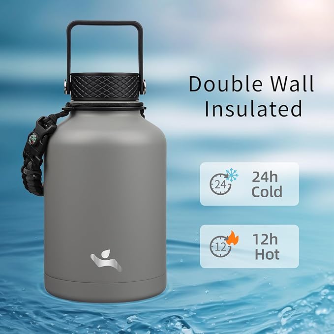 Konokyo Insulated Water Bottle with Straw,50 oz 3 Lids Water Jug with Carrying Bag,Paracord Handle,Double Wall Vacuum Stainless Steel Metal Flask,Gray