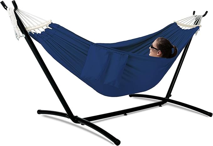 Gafete Double Hammock with Stand for Outside, Upgraded Spreader Bar, Heavy Duty Space Saving Steel Stand 2 Person, Side Pockets, Easy Assembly, 600lbs Weight Capacity, Indoor & Outdoor (Navy Blue)