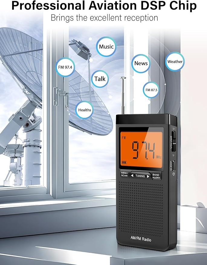 AM FM Portable Radio Personal Radio with Excellent Reception Battery Operated by 2 AAA Batteries with Stero Earphone, Large LCD Screen, Digtail Alarm Clock