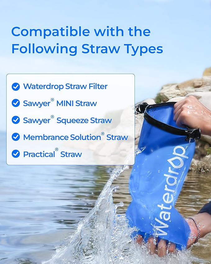 Waterdrop Gravity Water Bag for Camping, Travel, Backpacking, Hiking and Emergency, Compatible with Water Filter Straw, Flex Foldable, 1.5 Gal Bag
