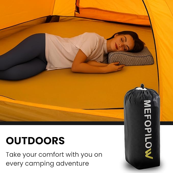 Memory Foam Travel Pillow with Washable Cover & Carry Bag – Compact, Soft & Breathable Neck Pillow for Airplane, Camping & Car (Gray- with Extra Gray Cotton Cover, 13.8x11.8x3.9/3.1 inches)