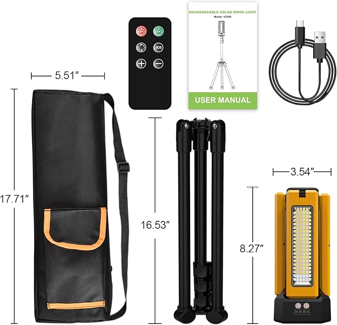 iodoo 13200mAh Rechargeable Solar Work Light, IPX4 Waterproof with Folding Stand Support and Portable Carrying Bag, 8000 Lumen Stepless Dimmable, 4 Lighting Modes, White/Warm/Warm White (Remote)