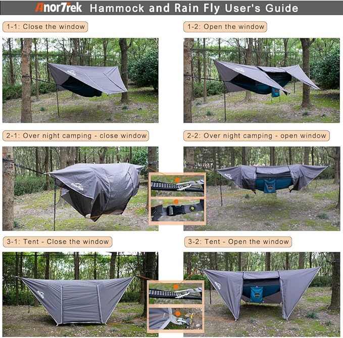 AnorTrek Camping Hammock with Mosquito Net and Rain Fly Tarp, Portable Double Hammock with Two Tree Straps, 230T Nylon Hammock and Waterproof Rain Fly Set for Hiking, Backpacking, Overnight (Green)