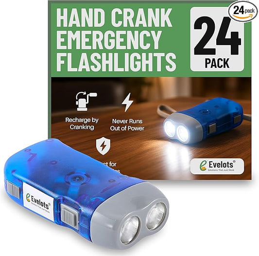 Evelots Hand Crank Emergency Flashlights -24 Pack- Camping, Home, Car - Double LED Bright Lights - Great for Hiking, Outdoor Sports, Power Outage Easy to Use
