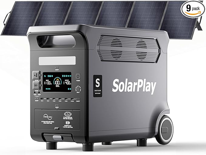 SolarPlay Q3600 Portable Power Station with 400W Solar Panel, 3600W AC Output(Surge 5500W) 3840Wh LiFePO4 Battery Solar Generator, Essential Home Backup for Home Use, Power Outages, RV, Camping