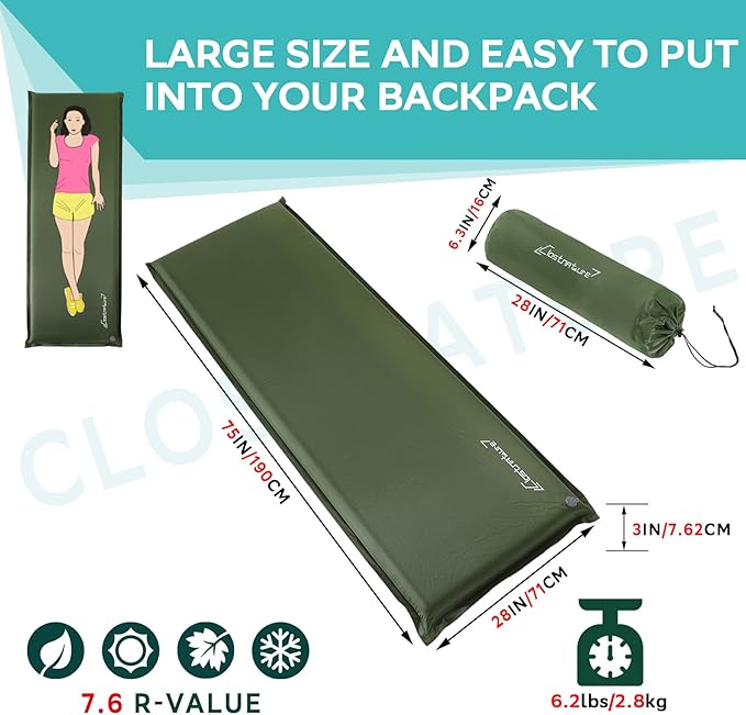 Clostnature Self Inflating Sleeping Pad for Camping - 1.5/2/3 inch Camping Pad, Lightweight Inflatable Sleeping Mat for Backpacking, Compact Ultralight Foam Air Mattress for Tent, Hammock