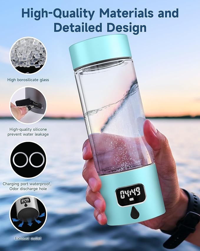 340ml Portable Hydrogen Water Bottle Generator with PEM-SPE Technology, Glass Exterior & Aluminum Shell, Produces 5000 ppb Hydrogen in 10 Minutes, for Home, Gym, Office & Travel