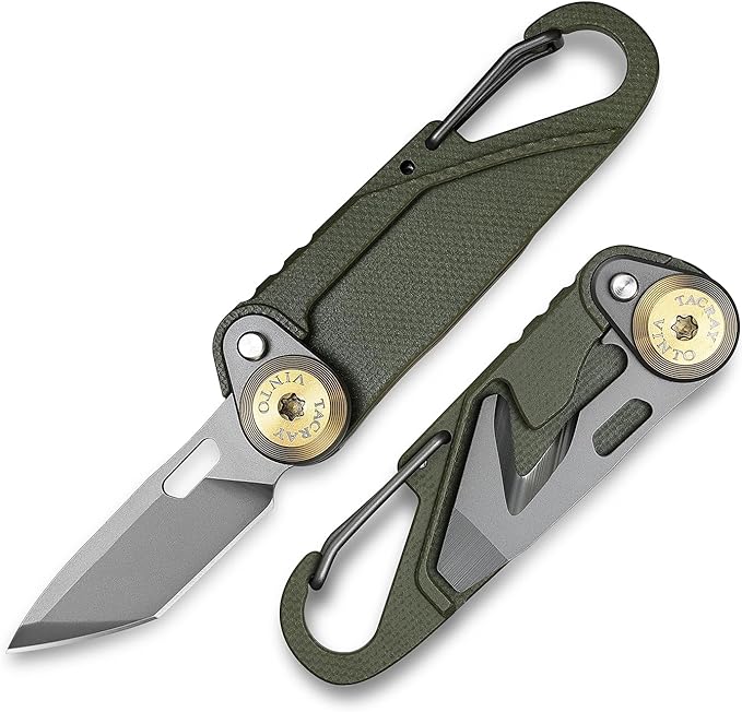 TACRAY Vinto 5-in-1 Small Pocket Knife – Ultra-Light Compact Multitool with Utility Knife, Seatbelt Cutter, Bottle Opener, Flathead Screwdriver & Keyring Attachment for Everyday Carry (Green)