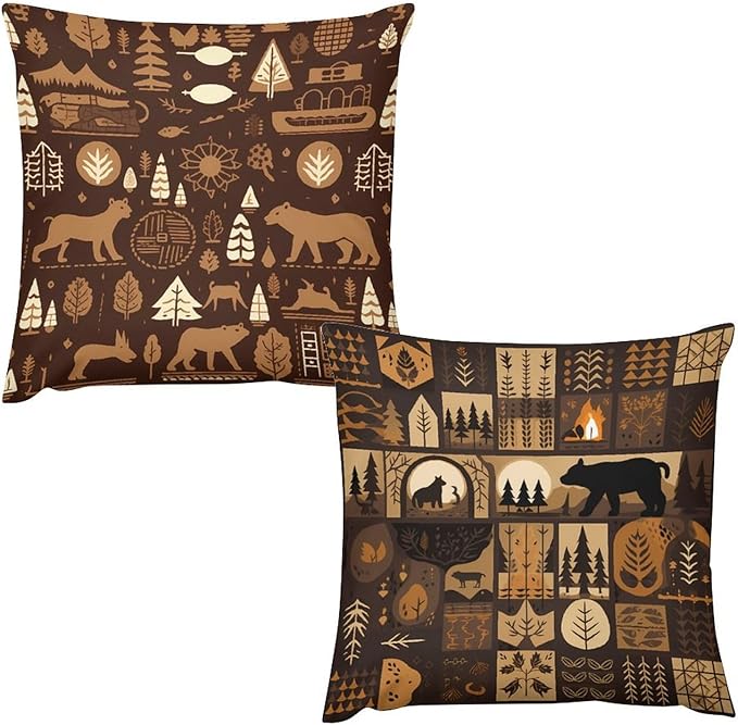 ITFRO Set of 2 Birthday Gift Wildlife Bear Deer Forest Bonfire Pine Tree Short Plush Both Sides Square Retro Checkered Throw Pillow Cover Cushion Case Farmhouse Sofa Decor 18x18 Inches (Dark Brown)