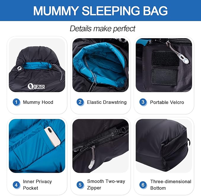 Down Sleeping Bag for Adults, 0°F 10°F 15°F 20°F 600 Fill Power Mummy Lightweight Compact Cold and Warm Weather Backpacking Sleeping Bag for Camping Hiking Outdoor All Seasons