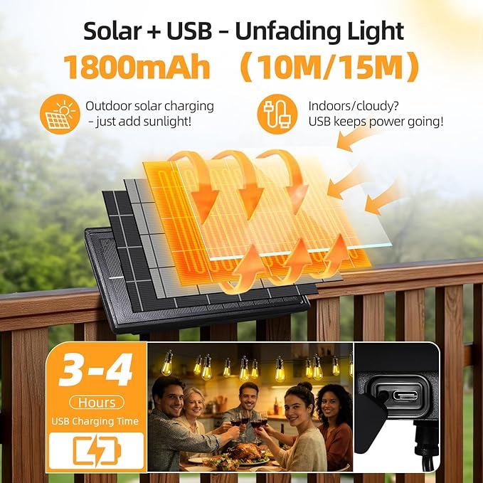 Solar Lights Outdoor Patio Lights: S14 15M 50FT Solar Powered 3 Light Modes Solar Waterproof Light - Shatterproof Bulbs - Camping Backyard Garden Deck Outside Yard