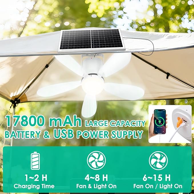 21” Solar Ceiling Fan Light, 30W Solar Powered Portable Gazebo Fan with Remote, Wireless Battery Operated Ceiling Fan Light Outdoor, for Camping RVs Tent Patio Canopy Chicken Coop Outside
