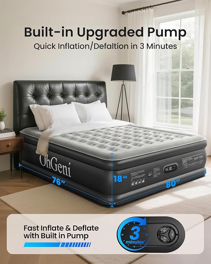 OhGeni King Size Air Mattress, Family Choice Award with Built in Pump, Ideal Alternative to a Bed, 18'' Comfortable Blow Up Colchones Inflables Mattress for Home, Guests, Portable Air Bed, 700 lbs