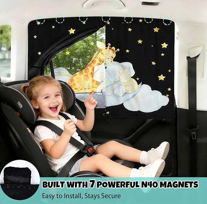 Car Window Shade for Baby, 2 Pack Double Layer with 7 Strong Magnets, Cute Giraffe & Star Design Baby Sun Shade for Car Window, Adjustable Blackout & See-Through Privacy Curtains UV Protection