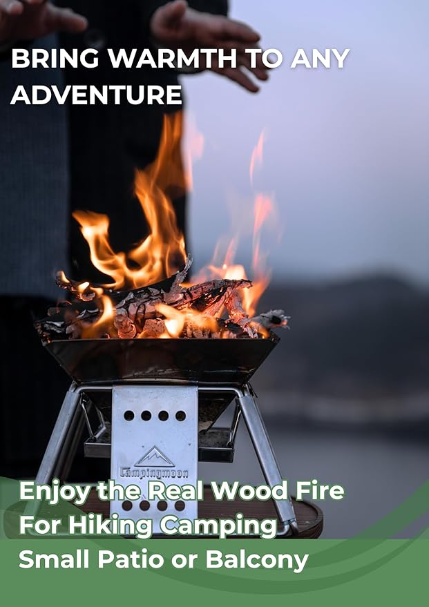 CAMPINGMOON X-MINI Small Size Portable Fire Pit, Mini Stainless Steel Tabletop Fire Pit Charcoal Grills for Camping, Solo Outdoor Cooking, Hiking BBQ Backpacking, with Carry Bag 7.5 inch