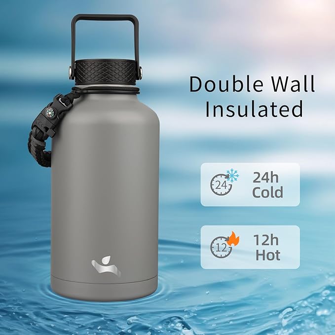 Konokyo Half Gallon Insulated Water Bottle with Straw,64 oz 3 Lids Water Jug with Carrying Bag,Paracord Handle,Double Wall Vacuum Stainless Steel Metal Flask,Gray