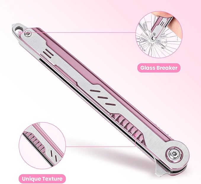 FUNBRO Pink Pocket Knife for Women - Slim EDC Knife with 7CR13Mov Steel Tanto Blade, Clip and Glass Breaker - Womens Knife for Self Defense - Cute Girl Survival Tool Pocket & Folding Knives
