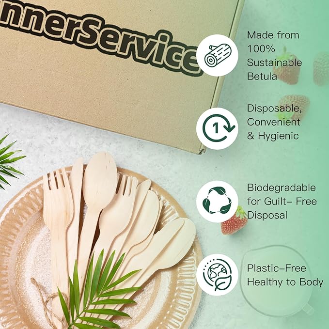 400PCS Eco-Friendly Disposable Wooden Utensil Set – Compostable Biodegradable Wooden Cutlery Set (200 Forks, 100 Spoons, 100 Knives) for Parties, Camping, traveling & Family Dinners