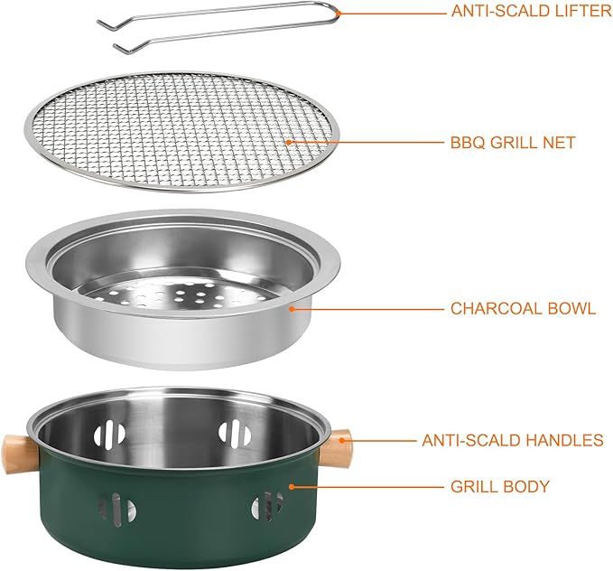 Portable Charcoal Barbecue Grill, 1pc Mini BBQ Grill Multifunctional Charcoal Grill Round Tabletop Charcoal Grill for Outdoor Cooking Home Party Picnic Camping (Green)
