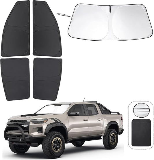 5PCS Windshield Sun Shade Custom Fit for 2023 2024 2025 2026 Chevrolet/Chevy Colorado Accessories Foldable Sunshade Side Rear Window Shade Cover Full Set Privacy Protection Keeps Car Cool
