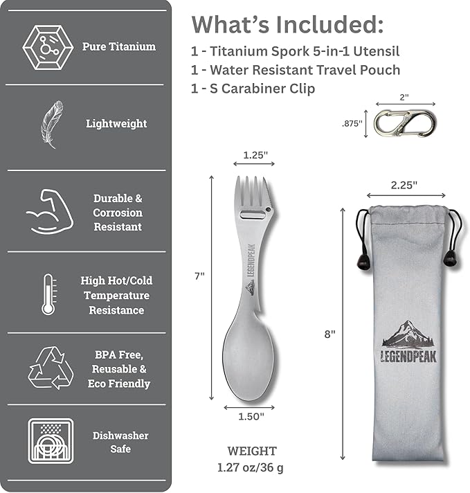 Titanium Spork 5-in-1 Camping Utensil – Ultralight Backpacking Silverware with Knife, Bottle Opener & Peeler, Includes Travel Pouch & Carabiner