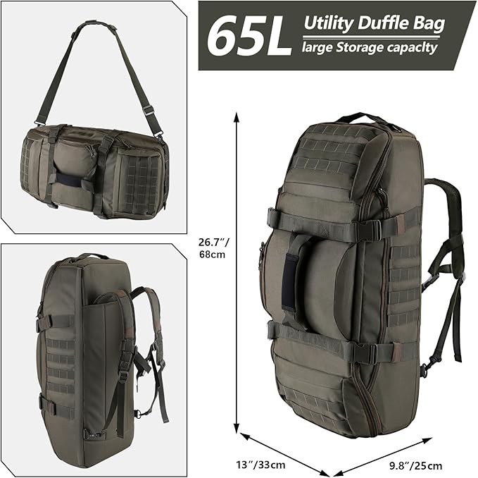 Hannibal Tactical 65L Large Duffle Bag, 3-in-1 Tactical Backpack MOLLE Pack for Sports, Gym, Outdoor, Olive Green