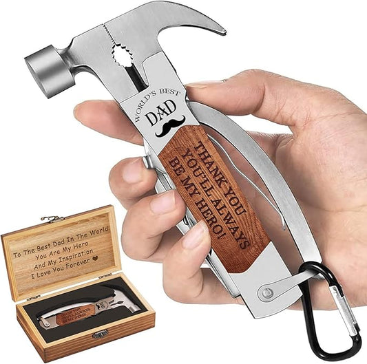 VEITORLD Gifts for Dad from Daughter Son Kids, Fathers Day, All in One Tools Hammer Multitool with Engraved Wooden Box, Unique Birthday Gift Ideas for Men Stepdad Him, Cool Gadgets(Dad are Hero)