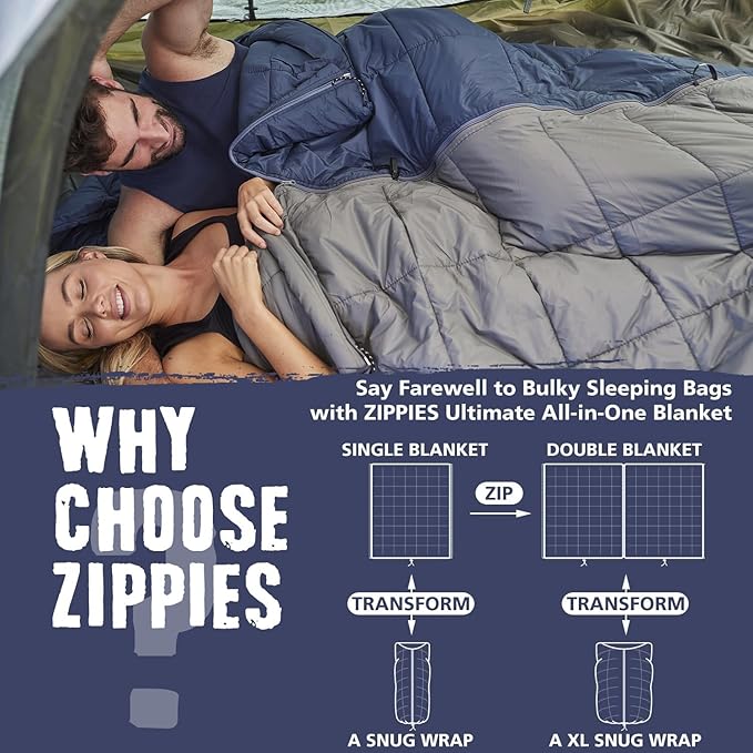 ZIPPIES 3M Thinsulate Insulation Puffy Camping Blanket for Cold Weather, Queen Size Warm Camping Quilt with Zipper, Waterproof Outdoor Sleeping Bag for Hammock, Cozy & Versatile Gift for Men and Women