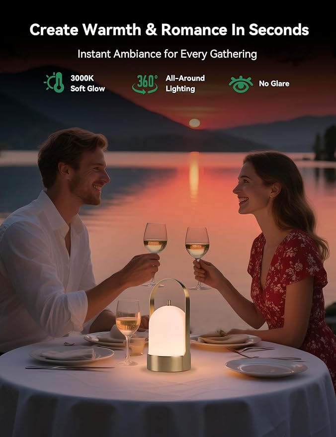 Tubicen Portable Lamp, Battery Operated Cordless Outdoor Table Lamps Rechargeable, 4-Level Touch Dimmable IP44 Shower Lamp, Night Light for Patio Camping Dining Room Bedroom (Brass, Waterproof)
