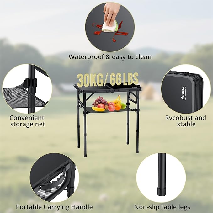 Anbte 2ft Folding Camping Table with Storage Net, 3 Adjustable Heights Small Folding Table Lightweight & Portable with Carry Handle, for Camping, Fishing, Picnic, Beach, Outdoor, 22.8" x 15.7", Black