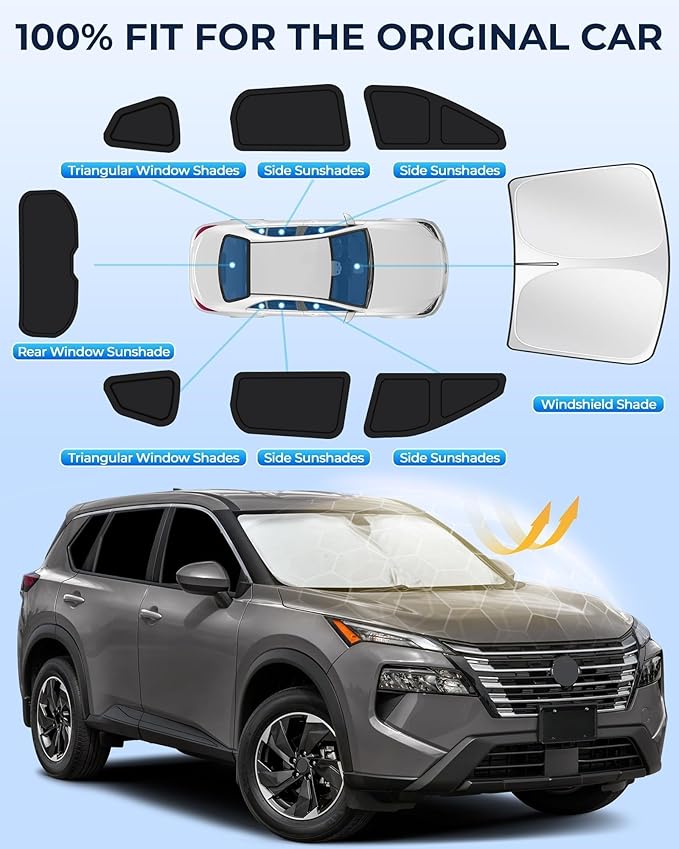 for Nissan Rogue 2021-2025 Car Window Shades, 8pcs Privacy Sun Shade Set for Front Windshield Side and Rear Windows, Full Window Covers Keeps Vehicle Cool for Camping Napping