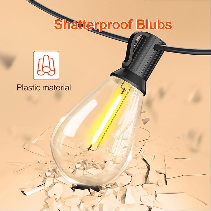 BLIATLUS 60FT Solar String Lights Outdoor Waterproof with Remote Control Solar Patio Lights 15+2 shatterproof LED Bulbs for Porch Garden Market Bistro Patio Backyard Fence