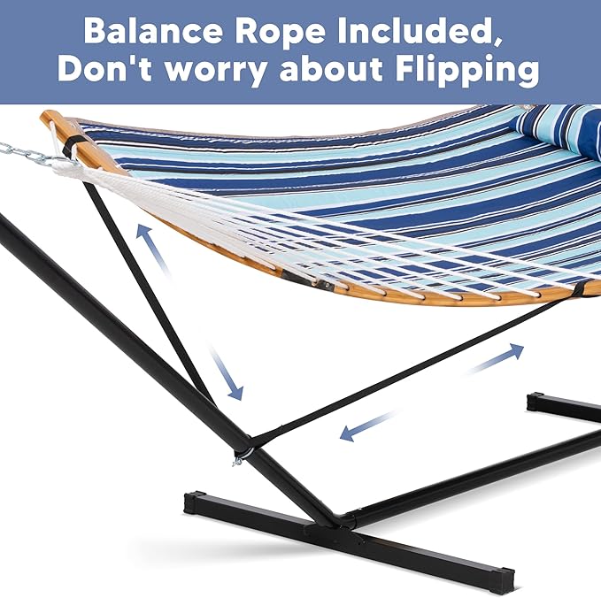 SUNCREAT Double Hammock with Stand Included, Portable Hammock with Stand and Large Pillow, Blue Stripes