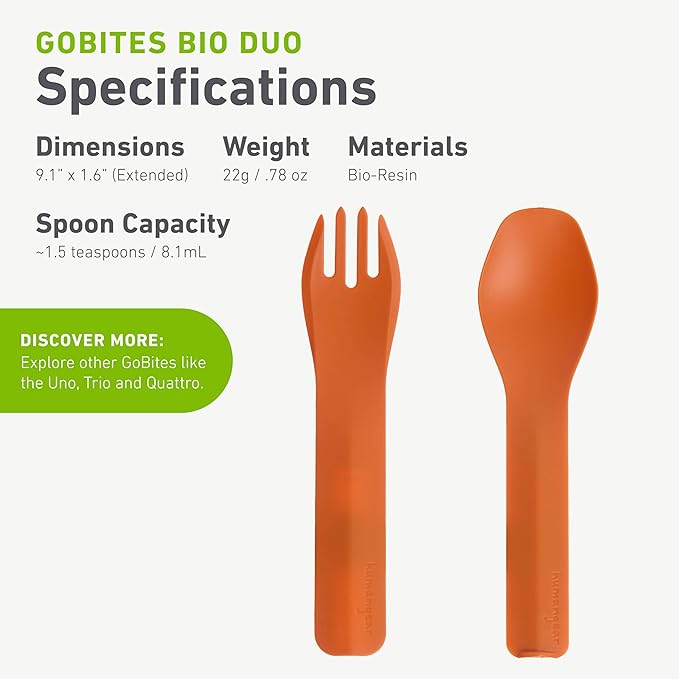 humangear GoBites Duo - Travel Silverware, Full Size Portable Fork & Spoon, Reusable Utensil Set, PC and BPA-free, Food-Safe, ﻿Extended - 9.1” X 1.6”