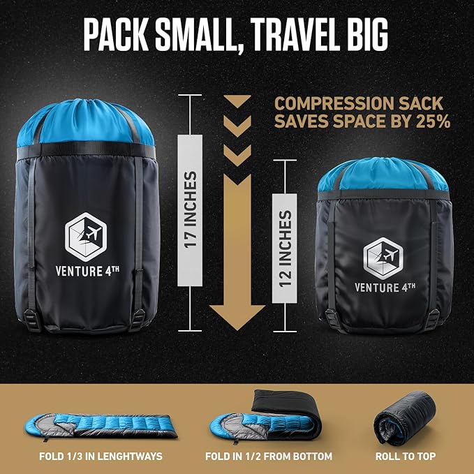 VENTURE 4TH Backpacking Sleeping Bag – XXL, Double and Single Sizes - Lightweight Warm & Cold Weather Sleeping Bags for Adults, Kids & Couples – Ideal for Hiking, Camping & Outdoor Adventures