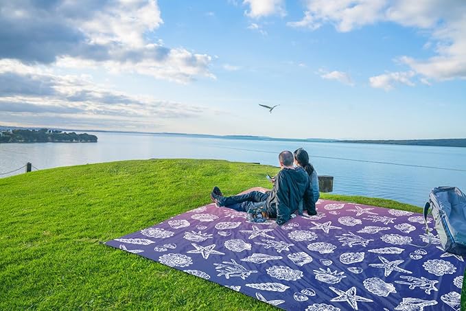 WEKAPO Beach Blanket Waterproof Sandproof Oversized, Extra Large Beach Mat Sand Free, Lightweight & Compact Sand Free Mat with 5 Stakes & 4 Corner Pockets