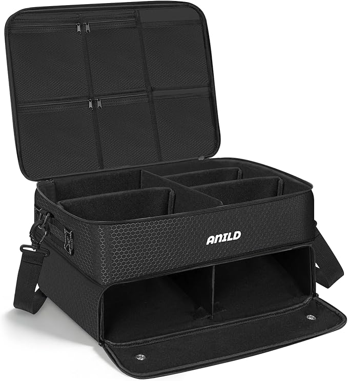 ANILD Golf Trunk Organizer, 2 Layer Golf Storage Case with Separate Ventilated Compartment for 2 Pair Shoes, for Balls, Tees, Clothes, Gloves, Accessories, Golfer Gifts