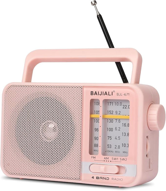 Portable AM/FM Transistor Radio with Loud Speaker, Battery or USB Powered - Compact Emergency Radio for Indoor, Outdoor, Travel & Storms (BJL-671, Pink)
