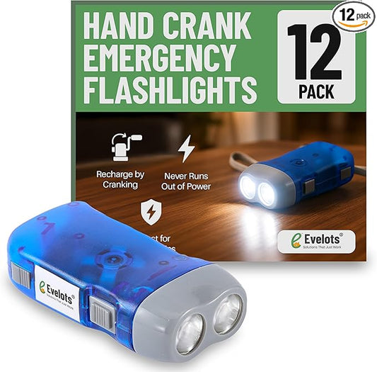 Evelots Hand Crank Emergency Flashlights -12 Pack- Camping, Home, Car - Double LED Bright Lights - Great for Hiking, Outdoor Sports, Power Outage Easy to Use