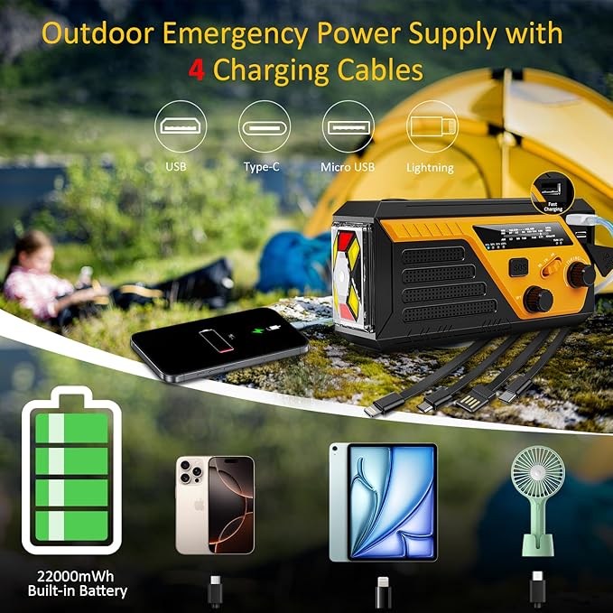 Emergency Radio with 4 Charging Cables, 22000mWh AM FM NOAA Weather Radio, Flashlight, Reading Lamp, SOS Alarm, Hand Crank Radio Phone Charger for Home Outdoor Emergencies.