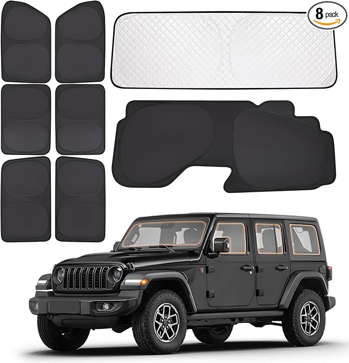 XCBYT 2019-2024 Wrangler Full Coverage Window Shades | 6-Layer Blackout Insulated Sun & UV Protection | Custom Fit Privacy Covers for Camping, Sleeping & Car Living (8 PCS)