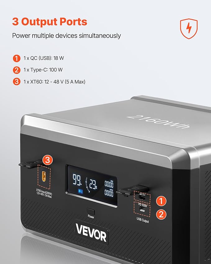 VEVOR Extra Battery for Portable Power Station, 2160Wh LiFePO4 Extra Expansion Battery with 3 Output Ports for Home Use, Outdoor Camping, Road Trips, RVs, Emergencies