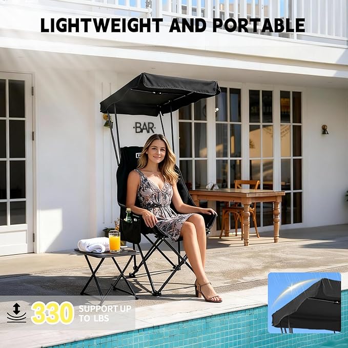 YOUNG WOOD Camping Chair with Shade Canopy, Beach Chair, Portable Fold Lightweight Oversized for All, Easy to Open and Close Without Installation, Side Pocket Design for All Outdoor Activities