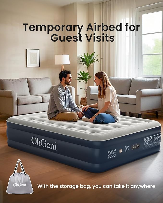 OhGeni Air Mattress Queen with Built in Pump, Ideal Alternative to a Bed, Blow Up Colchones Inflables Mattress for Guests, Portable Air Mattresses, 18" Raised Elevated Air Bed for Camping, Dark Blue