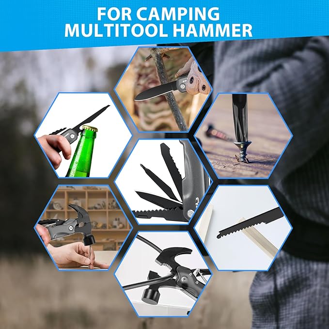 12 in 1 Hammer Multitool, Caming Mulititool with Screwdriver, Safety Lock and Durable Nylon Sheath, Christmas Stocking Stuffers for Men Adults, Birthday Gifts Survival Tools for Him, Dad, Grey