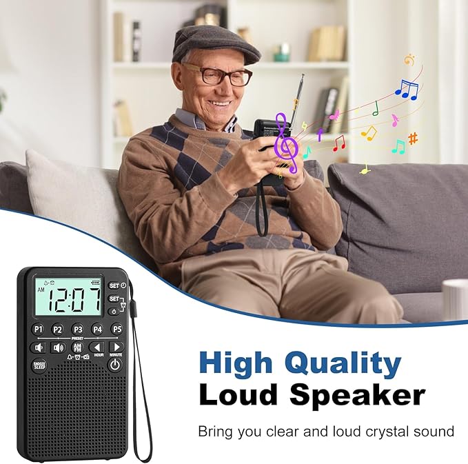 Battery Operated Portable Pocket AM/FM Radio | Digital Tuning, Loud Speaker, Excellent Reception | Portable Emergency & Outdoor Radio with LCD Screen, Alarm Clock, Preset, Sleep Timer, Snooze