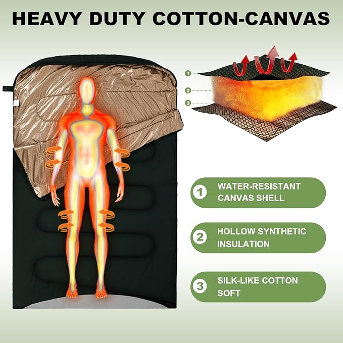Double Sleeping Bag for Adults All Season 0 Degrees Heavy Duty Two Person Sleeping Bag for Camping Cotton Canvas YKK Zipper Portable