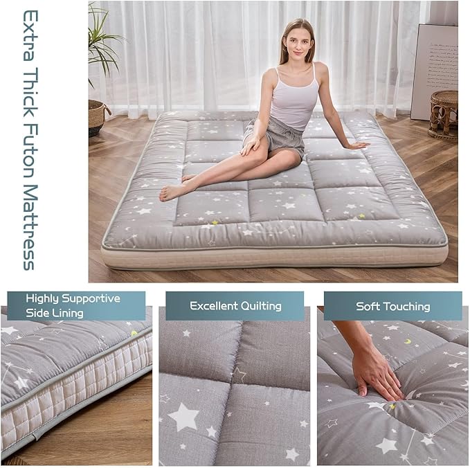 MAXYOYO Grey Constellation Futon Mattress, Japanese Floor Mattress Quilted Bed Mattress Topper, Extra Thick Folding Sleeping Pad Breathable Floor Lounger Guest Bed for Camping, King